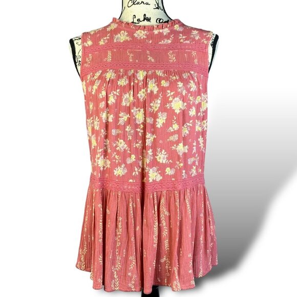 Maurices Top Womans Sz XS Coral Floral Sleeveless Peplum Crochet Lace Trim Tunic - Picture 1 of 13